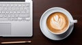 close-up of cup of coffee and laptop keyboard, business mans table, keyboard on the table, close-up of laptop keyboard