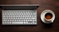 close-up of cup of coffee and laptop keyboard, business mans table, keyboard on the table, close-up of laptop keyboard