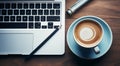 close-up of cup of coffee and laptop keyboard, business mans table, keyboard on the table, close-up of laptop keyboard