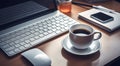 close-up of cup of coffee and laptop keyboard, business mans table, keyboard on the table, close-up of laptop keyboard