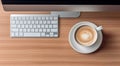 close-up of cup of coffee and laptop keyboard, business mans table, keyboard on the table, close-up of laptop keyboard