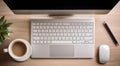 close-up of cup of coffee and laptop keyboard, business mans table, keyboard on the table, close-up of laptop keyboard