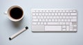 close-up of cup of coffee and laptop keyboard, business mans table, keyboard on the table, close-up of laptop keyboard