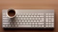 close-up of cup of coffee and laptop keyboard, business mans table, keyboard on the table, close-up of laptop keyboard