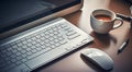 close-up of cup of coffee and laptop keyboard, business mans table, keyboard on the table, close-up of laptop keyboard