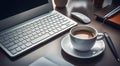 close-up of cup of coffee and laptop keyboard, business mans table, keyboard on the table, close-up of laptop keyboard