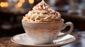 Close up of cup of coffee with whipped cream. Generative AI. Royalty Free Stock Photo