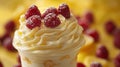 A close up of a cup filled with whipped cream and raspberries, AI