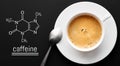 Close up a cup of fresh coffee on a black background. Blackboard with the chemical formula of caffeine. Top view with copy space Royalty Free Stock Photo