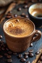 A close up of a cup and saucer with coffee beans, AI Royalty Free Stock Photo