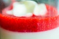 Close up a cup of strawberry panna cotta, sweets of Italian, dessert creamy and soul.famous dessert from Italy. image for backgrou