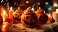 Close-Up Of Cupcakes And Pumpkin On Table During Halloween Celebration.