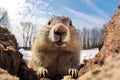 Close up Curious Groundhog Emerging from Its Burrow in Spring. Groundhog Day Concept. AI Generative