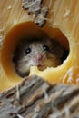 Close-up of curious mouse head peeking through hole in cheese on wooden board