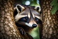 A close-up of a curious raccoon peering out from behind a tree in a suburban backyard