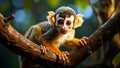 Close-up of a curious squirrel monkey perched on a tree branch, looking at the camera. Royalty Free Stock Photo