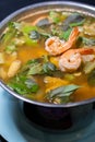 Close up. Curry Liang with shrimp. mix of vegetables. hot and spicy popular food in thai