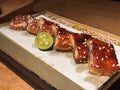 Close up cut grilled Japanese eel or unagi kabayaki with sesame on a plate. Japanese food style. Royalty Free Stock Photo