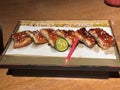 Close up cut grilled Japanese eel or unagi kabayaki with sesame on a plate. Japanese food style. Royalty Free Stock Photo