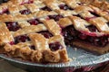 Close up of cut open cherry fruit tart