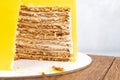 Close-up of a cutaway honey cake. Side view. Layer cake.