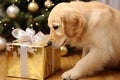 Close up cute adorable purebred curious fluffy Golden Retriever Labrador puppy family pet dog doggy exploring New Year