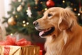 Close up cute adorable purebred curious fluffy Golden Retriever Labrador puppy family pet dog doggy exploring New Year