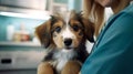 Close up of a cute Australian shepherd puppy being examined by a veterinarian. AI Generated.