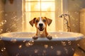 Close up of cute breed dog looks out of the bath. Sweet puppy washes and swims