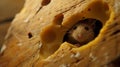 Close-up of curious mouse head peeking through hole in cheese on wooden board