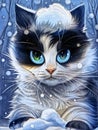 Close-up Of A Cute Cartoon Kitty isolated on Snow.