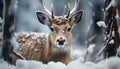 Close up of a cute deer in snowy winter forest generated by AI Royalty Free Stock Photo