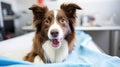 Close-up of cute dog on table by in vet clinic Royalty Free Stock Photo