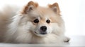 Close up of a cute face white pomeranian dog sit and pose look at the camera studio shot isolated white background Royalty Free Stock Photo