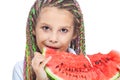 Close up of cute girl with colored Afro-pigtails is going to bite a slice of watermelon isolated on white background