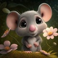 Close up of cute grey mouse with flowers on grey background, created using generative ai technology Royalty Free Stock Photo