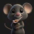 Close up of cute grey mouse with flowers on grey background, created using generative ai technology Royalty Free Stock Photo