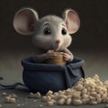 Close up of cute grey mouse holding bag on grey background, created using generative ai technology Royalty Free Stock Photo