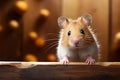 Close up of a cute hamster, fluffy cheeks, rustic wooden backdrop