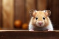 Close up of a cute hamster, fluffy cheeks, rustic wooden backdrop