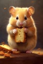 Close up of cute hamster holding cheese, created using generative ai technology