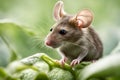 Close-up of a cute house mouse looking for food.