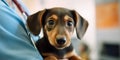 Close-up of a cute little dachshund puppy in a veterinary clinic. AI Generated.