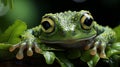 cute Nicaragua Giant Glass Frog (Espadarana prosoblepon) peeking out of a leaf. generative ai Royalty Free Stock Photo