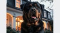 close up of cute rottweiler in backyard of german mansion