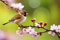 Close Up Cute Sparrow Bird In Warm Spring Time On Cherry Blossom Tree Branch, Idea For Romantic Lovely Animal Background. Generati