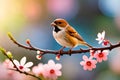 Close Up Cute Sparrow Bird In Warm Spring Time On Cherry Blossom Tree Branch, Idea For Romantic Lovely Animal Background. Generati