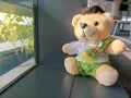 Close-up of cute teddy bear is sitting on the windowsill Royalty Free Stock Photo