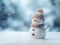 Close-up of a cute toy snowman in a brown hat and scarf on a snowy background on a blurred bokeh background in