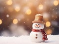 Close-up of a cute toy snowman in a golden hat and red scarf on a snowy background on a blurred bokeh background in Royalty Free Stock Photo